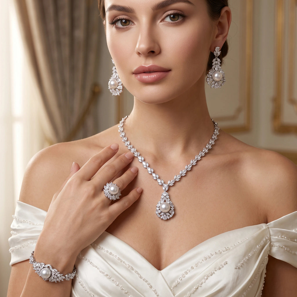 طقم فاخر كلاسيكي من احجار الزركون و اللؤلؤ Luxurious, classic Big-set featuring zircon stones and pearls.