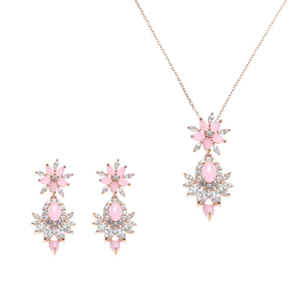 طقم مجوهرات كريستالي زهري اللون لون وردي فاتح Blush Pink Floral Crystal Jewelry Set