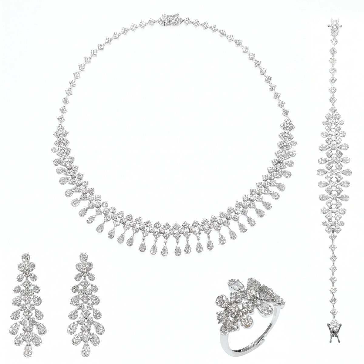 طقم مجوهرات فاخر مصمم بالكامل بأسلوب ملكي متلألئ مرصع باحجار الزركون A luxurious jewelry set, fully designed in a dazzling royal style and studded with zircon stones.