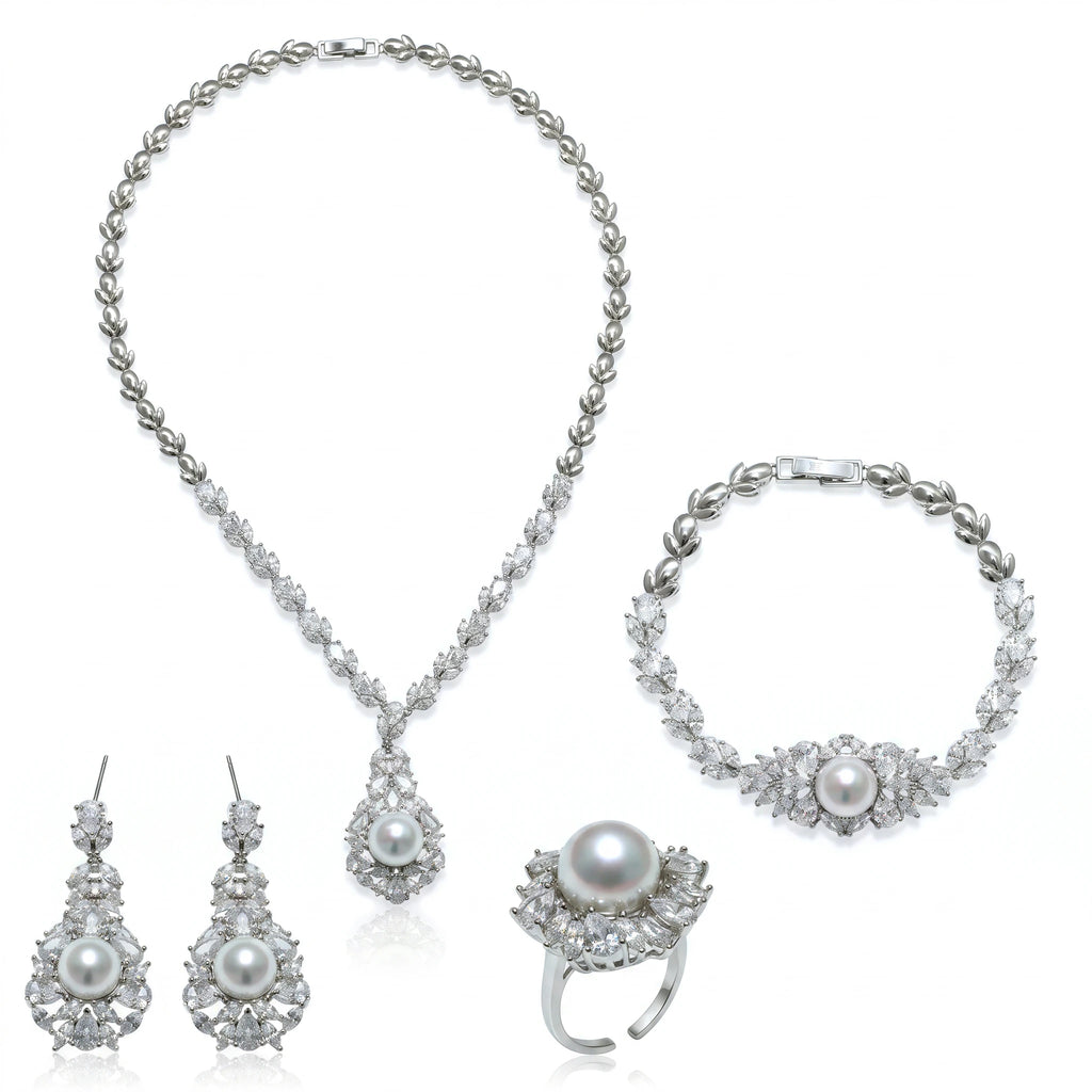 طقم فاخر كلاسيكي من احجار الزركون و اللؤلؤ Luxurious, classic Big-set featuring zircon stones and pearls.