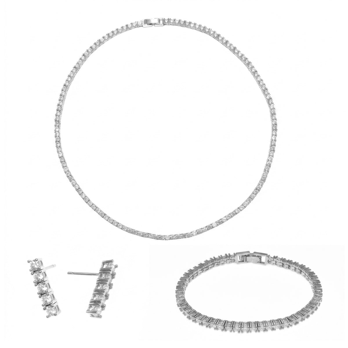 طقم مجوهرات مرصع بالأحجار البيضاء الشفافة Classic Jewelry Big-Set studded with clear white stones.