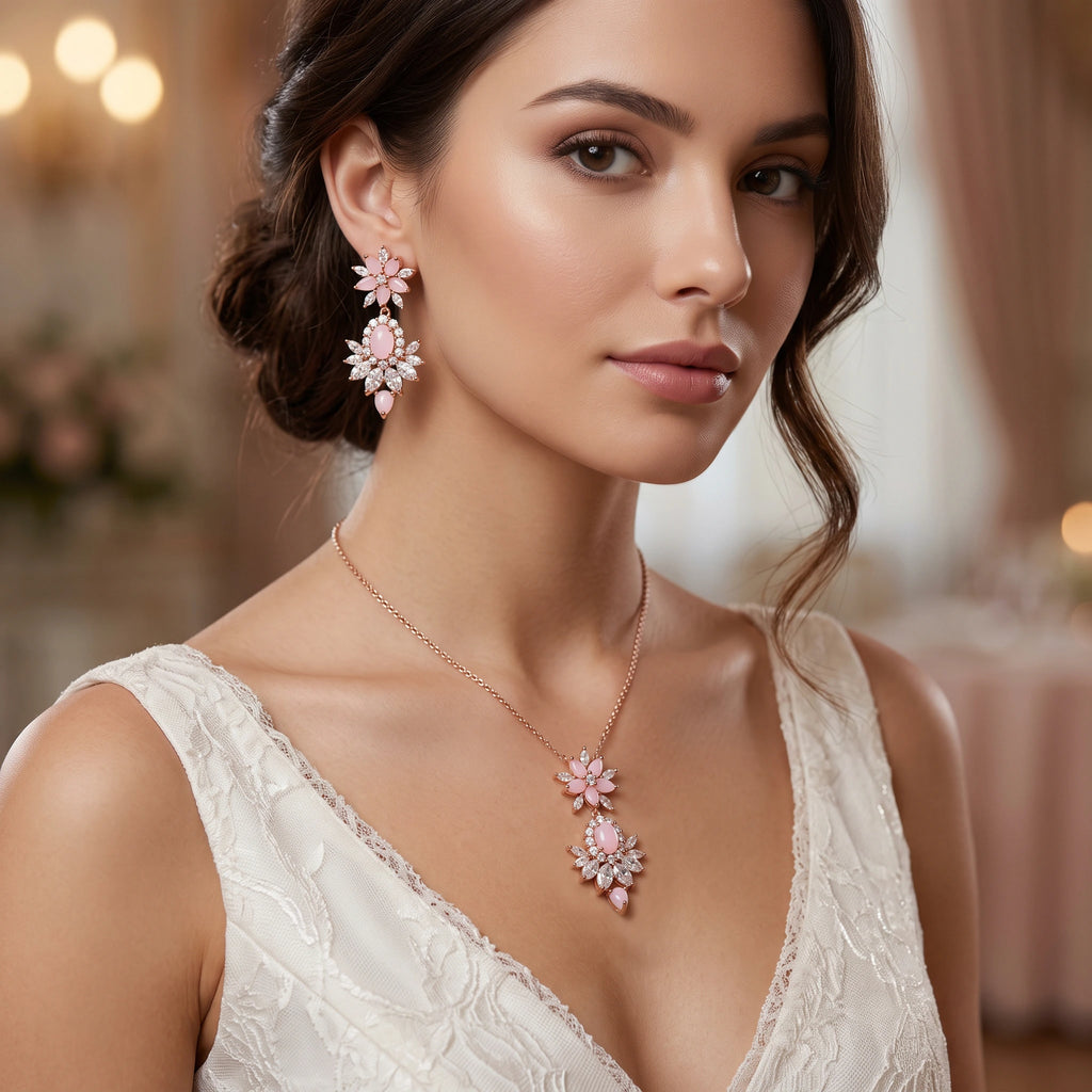 طقم مجوهرات كريستالي زهري اللون لون وردي فاتح Blush Pink Floral Crystal Jewelry Set