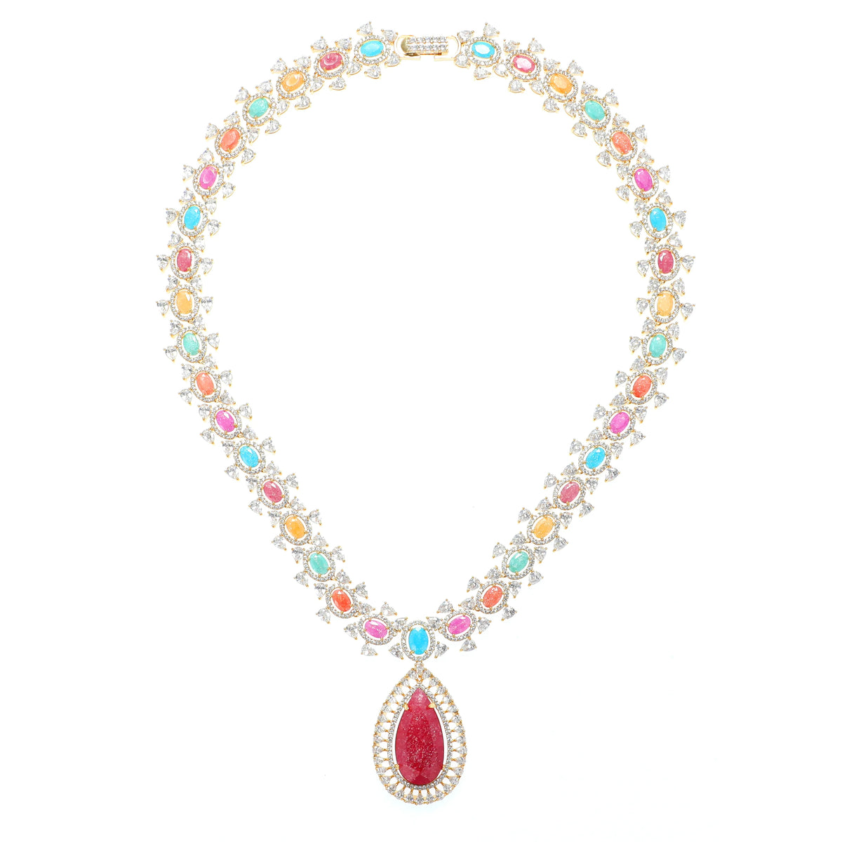 طقم كبير مرصَّع باحجار الزيركون الكيوبِك الملون الفاخر Big set embellished with premium, colorful cubic zirconia stones.