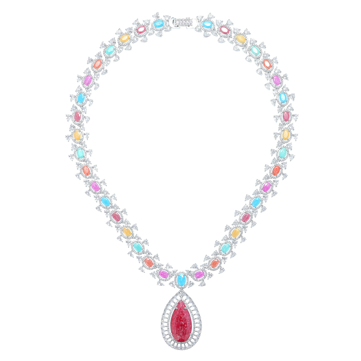 طقم كبير مرصَّع باحجار الزيركون الكيوبِك الملون الفاخر Big set embellished with premium, colorful cubic zirconia stones.